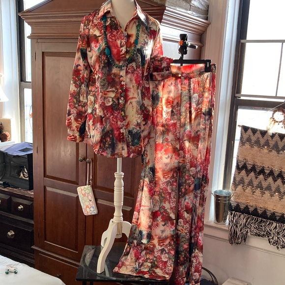 Colorful Floral Button-Up Shirt and Pants Set - Picture 1 of 4